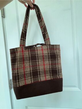La Bolsa Los Angeles brown plaid wool tote bag